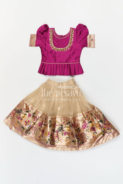 The Nesavu Pattu Pavadai Baby Girl Pattu Pavadai Set for Festivals and Traditional Celebrations Nesavu 16 (1Y) / Purple / Silk Blend GPP375A-16 Nesavu baby girl pattu pavadai set for festivals and weddings with tissue skirt design