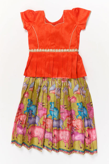 The Nesavu Pattu Pavadai Baby Girl Pattu Pavadai with Animal Motif Embroidery Skirt for Unique Festive Wear Nesavu 18 (2Y) / Orange / Silk Blend GPP359A-18 Nesavu baby girl pattu pavadai with zari embroidered animal motif skirt and raw silk blouse