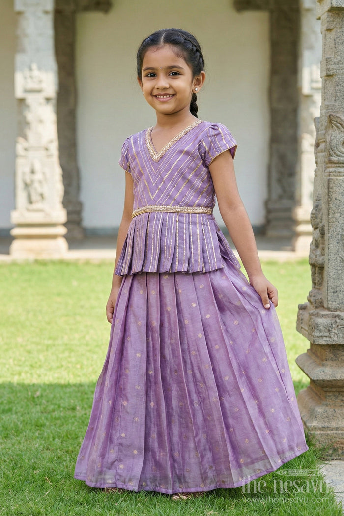 The Nesavu Pattu Pavadai Baby Girl Pattu Pavadai with Banaras Silk Yoke for Festive Photoshoots Nesavu 18 (2Y) / Purple GPP344B-18 Nesavu baby girl pattu pavadai with Banaras silk yoke and semi Banaras skirt for festive photos and rituals