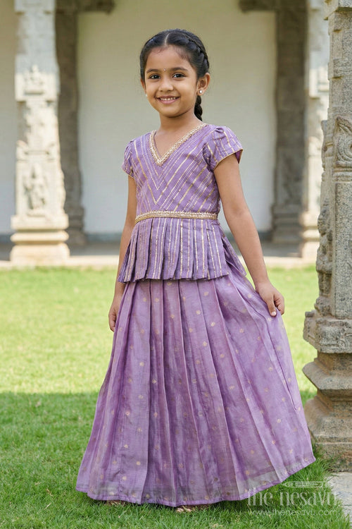 The Nesavu Pattu Pavadai Baby Girl Pattu Pavadai with Banaras Silk Yoke for Festive Photoshoots Nesavu 18 (2Y) / Purple GPP344B-18 Nesavu baby girl pattu pavadai with Banaras silk yoke and semi Banaras skirt for festive photos and rituals