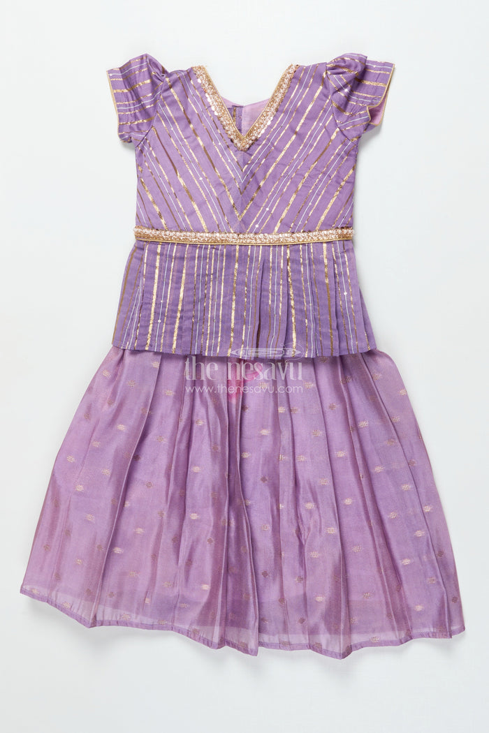 The Nesavu Pattu Pavadai Baby Girl Pattu Pavadai with Banaras Silk Yoke for Festive Photoshoots Nesavu 18 (2Y) / Purple GPP344B-18 Nesavu baby girl pattu pavadai with Banaras silk yoke and semi Banaras skirt for festive photos and rituals