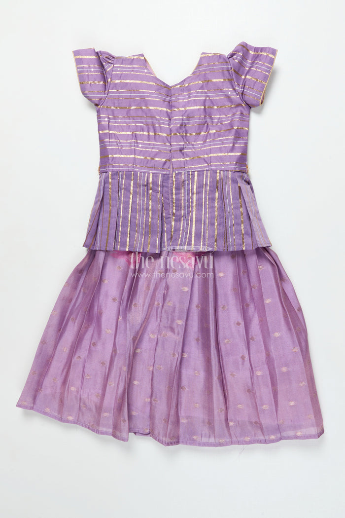The Nesavu Pattu Pavadai Baby Girl Pattu Pavadai with Banaras Silk Yoke for Festive Photoshoots Nesavu 18 (2Y) / Purple GPP344B-18 Nesavu baby girl pattu pavadai with Banaras silk yoke and semi Banaras skirt for festive photos and rituals