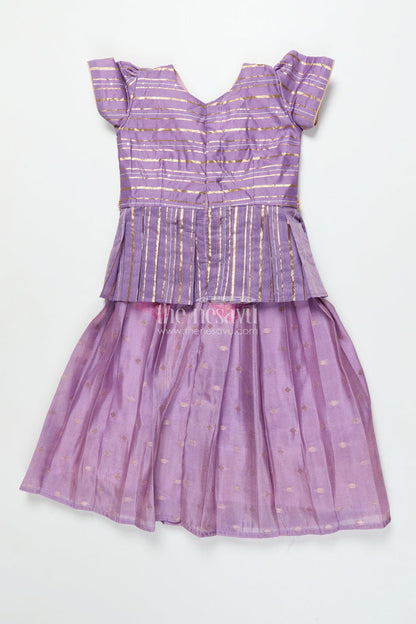 The Nesavu Pattu Pavadai Baby Girl Pattu Pavadai with Banaras Silk Yoke for Festive Photoshoots Nesavu 18 (2Y) / Purple GPP344B-18 Nesavu baby girl pattu pavadai with Banaras silk yoke and semi Banaras skirt for festive photos and rituals