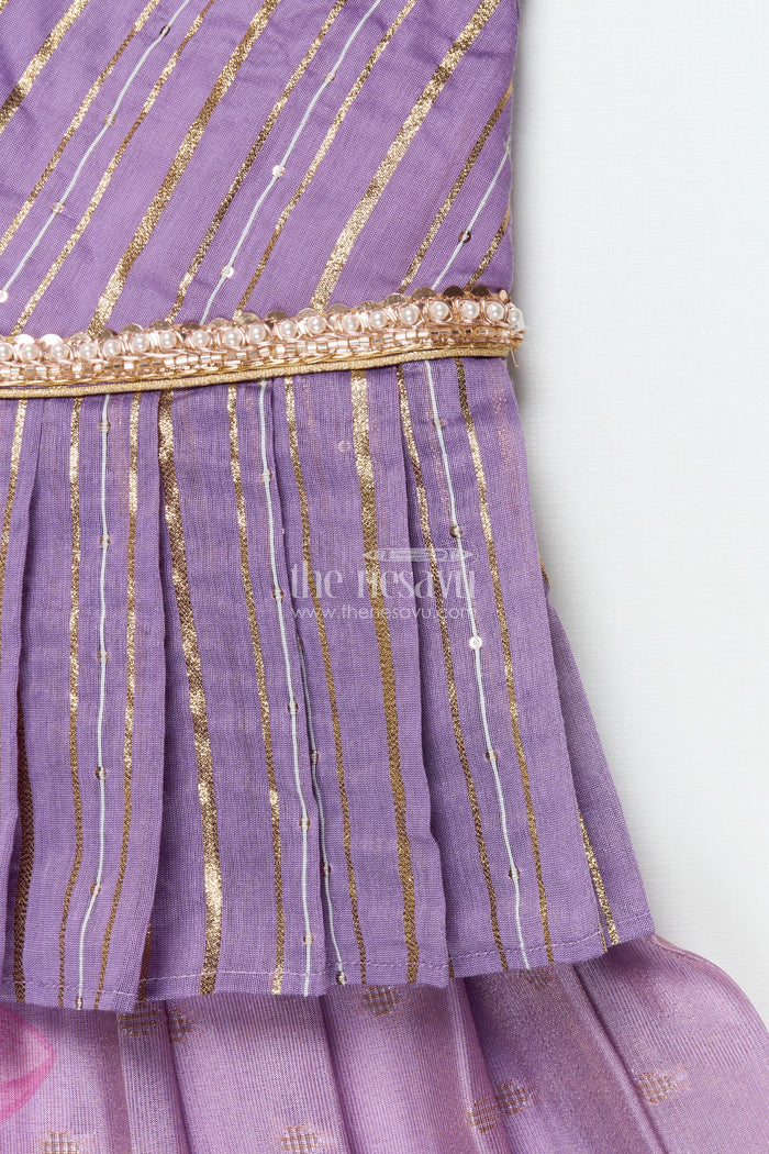 The Nesavu Pattu Pavadai Baby Girl Pattu Pavadai with Banaras Silk Yoke for Festive Photoshoots Nesavu 18 (2Y) / Purple GPP344B-18 Nesavu baby girl pattu pavadai with Banaras silk yoke and semi Banaras skirt for festive photos and rituals