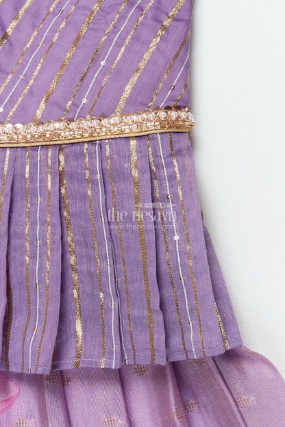 The Nesavu Pattu Pavadai Baby Girl Pattu Pavadai with Banaras Silk Yoke for Festive Photoshoots Nesavu 18 (2Y) / Purple GPP344B-18 Nesavu baby girl pattu pavadai with Banaras silk yoke and semi Banaras skirt for festive photos and rituals