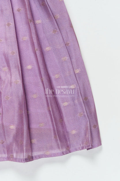 The Nesavu Pattu Pavadai Baby Girl Pattu Pavadai with Banaras Silk Yoke for Festive Photoshoots Nesavu 18 (2Y) / Purple GPP344B-18 Nesavu baby girl pattu pavadai with Banaras silk yoke and semi Banaras skirt for festive photos and rituals