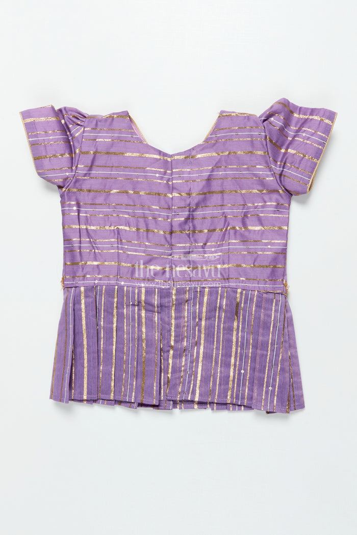 The Nesavu Pattu Pavadai Baby Girl Pattu Pavadai with Banaras Silk Yoke for Festive Photoshoots Nesavu 18 (2Y) / Purple GPP344B-18 Nesavu baby girl pattu pavadai with Banaras silk yoke and semi Banaras skirt for festive photos and rituals
