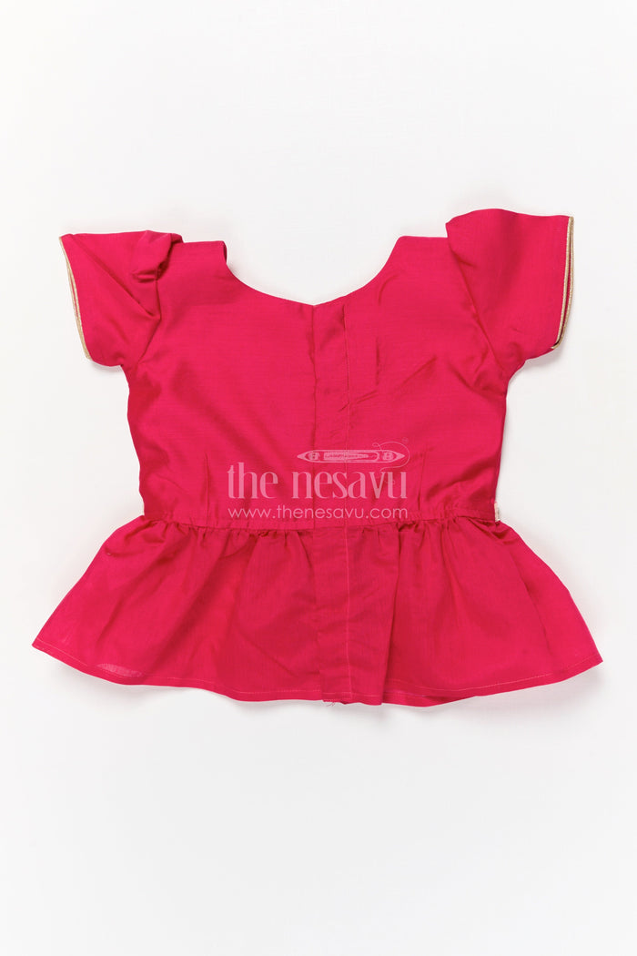 The Nesavu Pattu Pavadai Baby Girl Pattu Pavadai with Floral Print Skirt for Festive Moments Nesavu Nesavu baby girl pattu pavadai with floral tissue print skirt and semi raw silk blouse for festive occasions