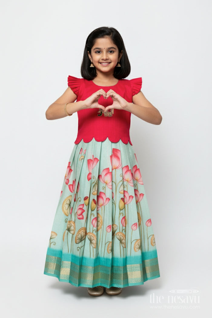 The Nesavu Pattu Pavadai Baby Girl Pattu Pavadai with Floral Skirt and Elephant-embroidered Blouse Nesavu 18 (2Y) / Red GPP349A-18 Nesavu baby girl pattu pavadai with lotus print skirt and embroidered elephant blouse
