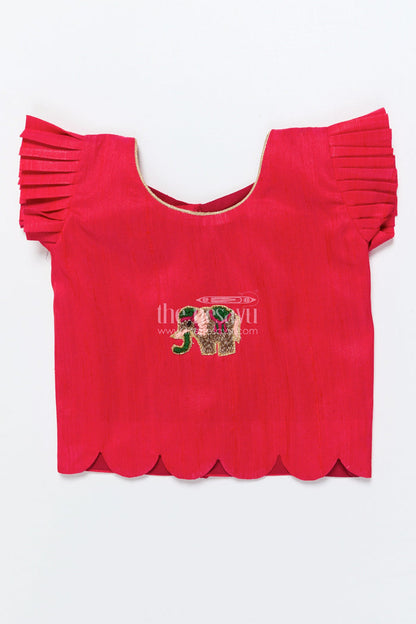 The Nesavu Pattu Pavadai Baby Girl Pattu Pavadai with Floral Skirt and Elephant-embroidered Blouse Nesavu Nesavu baby girl pattu pavadai with lotus print skirt and embroidered elephant blouse