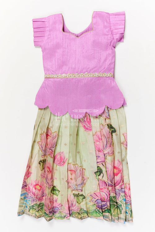 The Nesavu Pattu Pavadai Baby Girl Pattu Pavadai with Floral Skirt for Wedding and Festive Wear Nesavu 18 (2Y) / Purple / Silk Blend GPP360A-18 Nesavu baby girl pattu pavadai with digital floral print skirt and scallop blouse for festive occasions