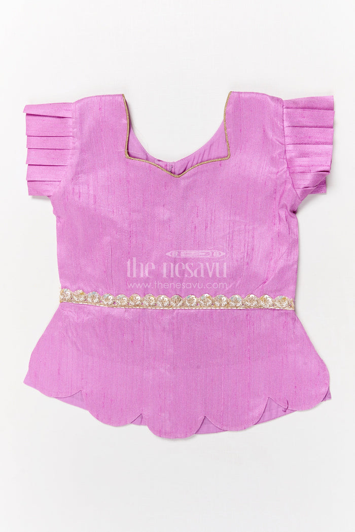 The Nesavu Pattu Pavadai Baby Girl Pattu Pavadai with Floral Skirt for Wedding and Festive Wear Nesavu Nesavu baby girl pattu pavadai with digital floral print skirt and scallop blouse for festive occasions