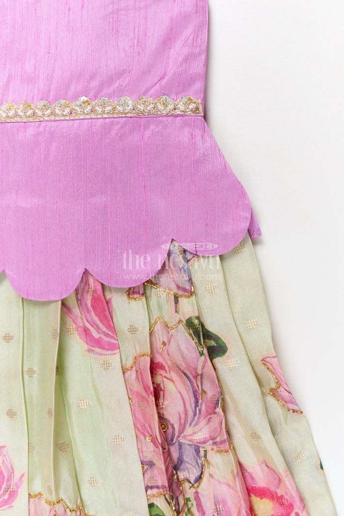 The Nesavu Pattu Pavadai Baby Girl Pattu Pavadai with Floral Skirt for Wedding and Festive Wear Nesavu Nesavu baby girl pattu pavadai with digital floral print skirt and scallop blouse for festive occasions