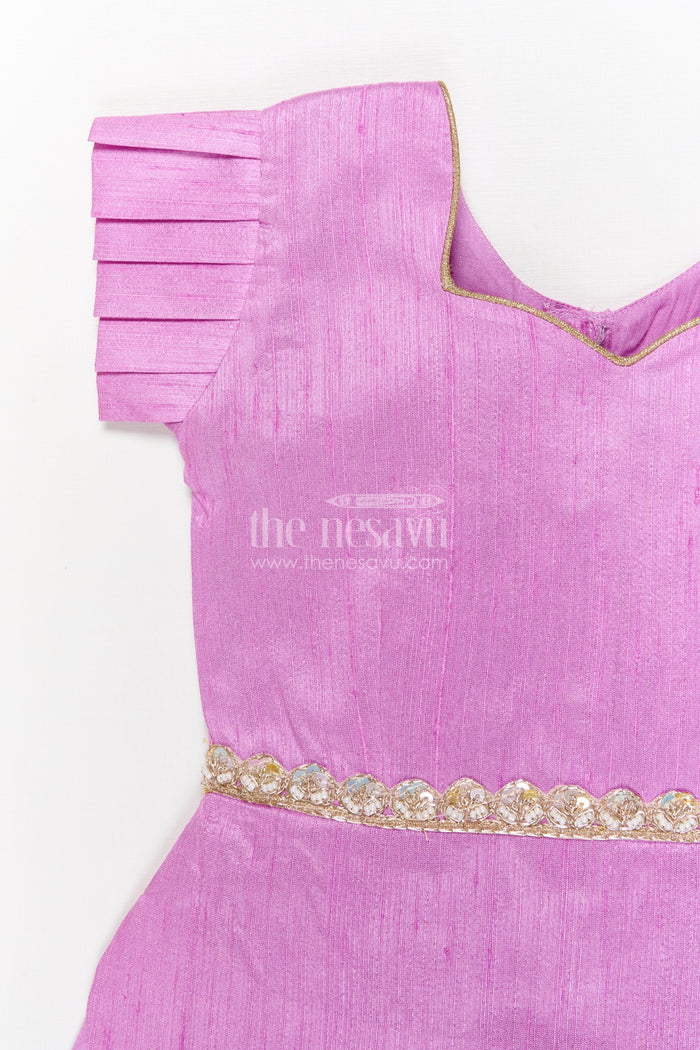 The Nesavu Pattu Pavadai Baby Girl Pattu Pavadai with Floral Skirt for Wedding and Festive Wear Nesavu Nesavu baby girl pattu pavadai with digital floral print skirt and scallop blouse for festive occasions