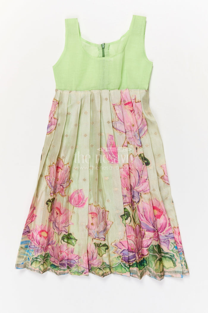 The Nesavu Pattu Pavadai Baby Girl Pattu Pavadai with Floral Skirt for Wedding and Festive Wear Nesavu Nesavu baby girl pattu pavadai with digital floral print skirt and scallop blouse for festive occasions