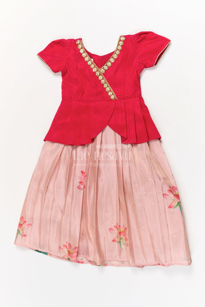 The Nesavu Pattu Pavadai Baby Girl Pattu Pavadai with Raw Silk Yoke for Festive Occasions Nesavu 18 (2Y) / Red GPP353B-18 Nesavu baby girl pattu pavadai with raw silk yoke and semi Banaras art silk skirt for traditional events