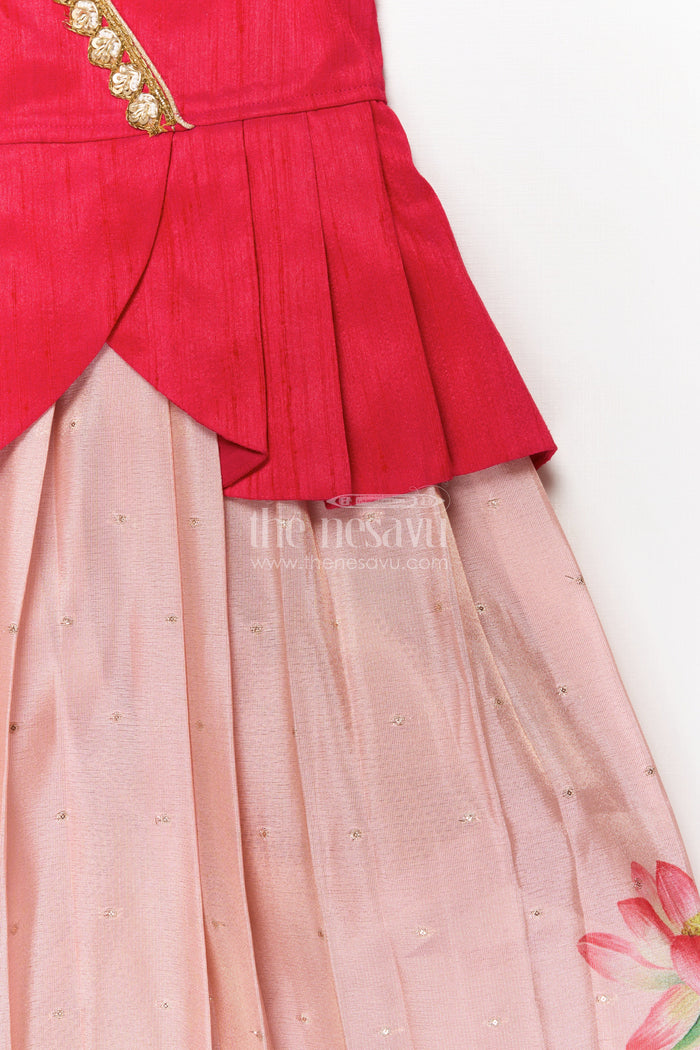 The Nesavu Pattu Pavadai Baby Girl Pattu Pavadai with Raw Silk Yoke for Festive Occasions Nesavu 18 (2Y) / Red GPP353B-18 Nesavu baby girl pattu pavadai with raw silk yoke and semi Banaras art silk skirt for traditional events