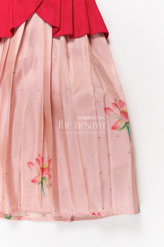 The Nesavu Pattu Pavadai Baby Girl Pattu Pavadai with Raw Silk Yoke for Festive Occasions Nesavu 18 (2Y) / Red GPP353B-18 Nesavu baby girl pattu pavadai with raw silk yoke and semi Banaras art silk skirt for traditional events