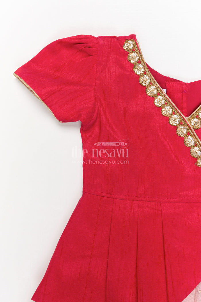 The Nesavu Pattu Pavadai Baby Girl Pattu Pavadai with Raw Silk Yoke for Festive Occasions Nesavu 18 (2Y) / Red GPP353B-18 Nesavu baby girl pattu pavadai with raw silk yoke and semi Banaras art silk skirt for traditional events