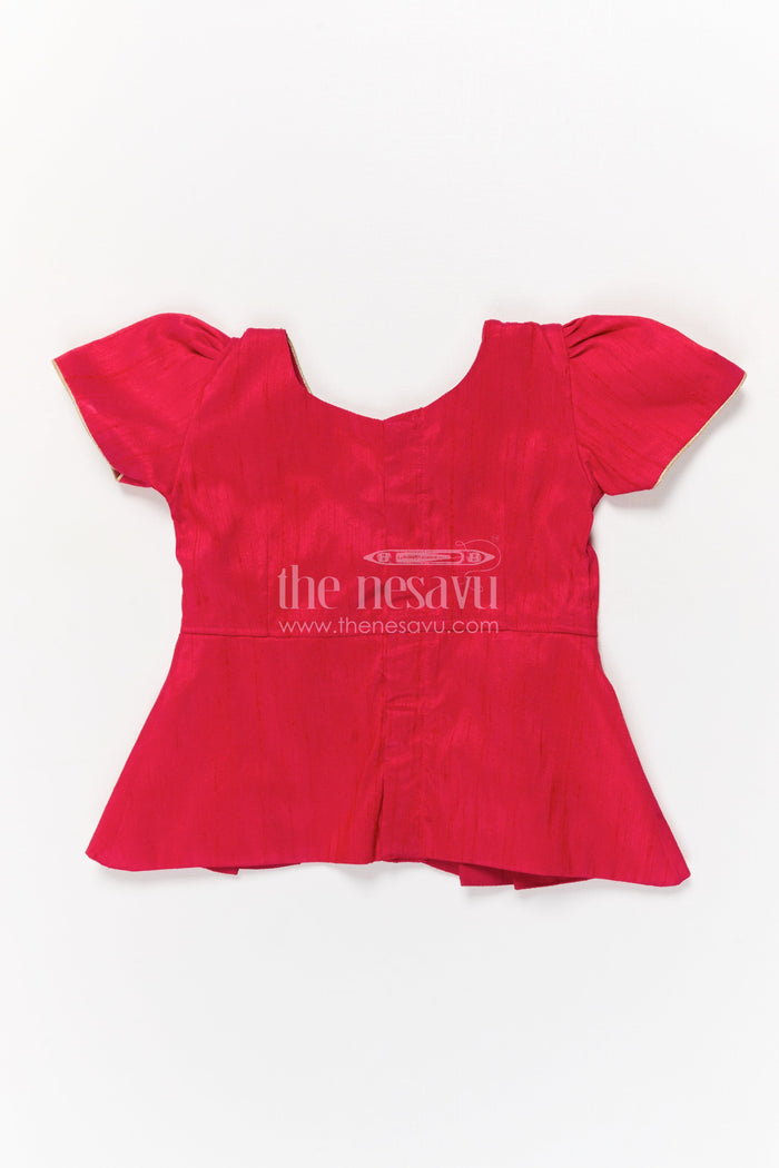 The Nesavu Pattu Pavadai Baby Girl Pattu Pavadai with Raw Silk Yoke for Festive Occasions Nesavu 18 (2Y) / Red GPP353B-18 Nesavu baby girl pattu pavadai with raw silk yoke and semi Banaras art silk skirt for traditional events