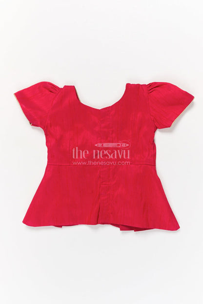 The Nesavu Pattu Pavadai Baby Girl Pattu Pavadai with Raw Silk Yoke for Festive Occasions Nesavu 18 (2Y) / Red GPP353B-18 Nesavu baby girl pattu pavadai with raw silk yoke and semi Banaras art silk skirt for traditional events