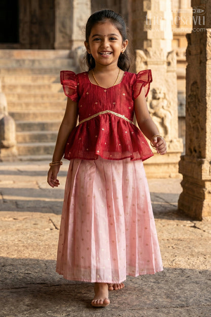 Baby Girl Pink Semi Banaras Pattu Pavadai for Temple Visits and Family Events