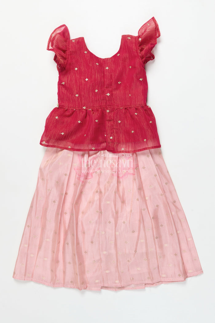 The Nesavu Pattu Pavadai Baby Girl Pink Semi Banaras Pattu Pavadai for Temple Visits and Family Events Nesavu 18 (2Y) / Pink GPP342B-18 Nesavu baby girl pattu pavadai with semi Banaras silk and tissue yoke for traditional wear
