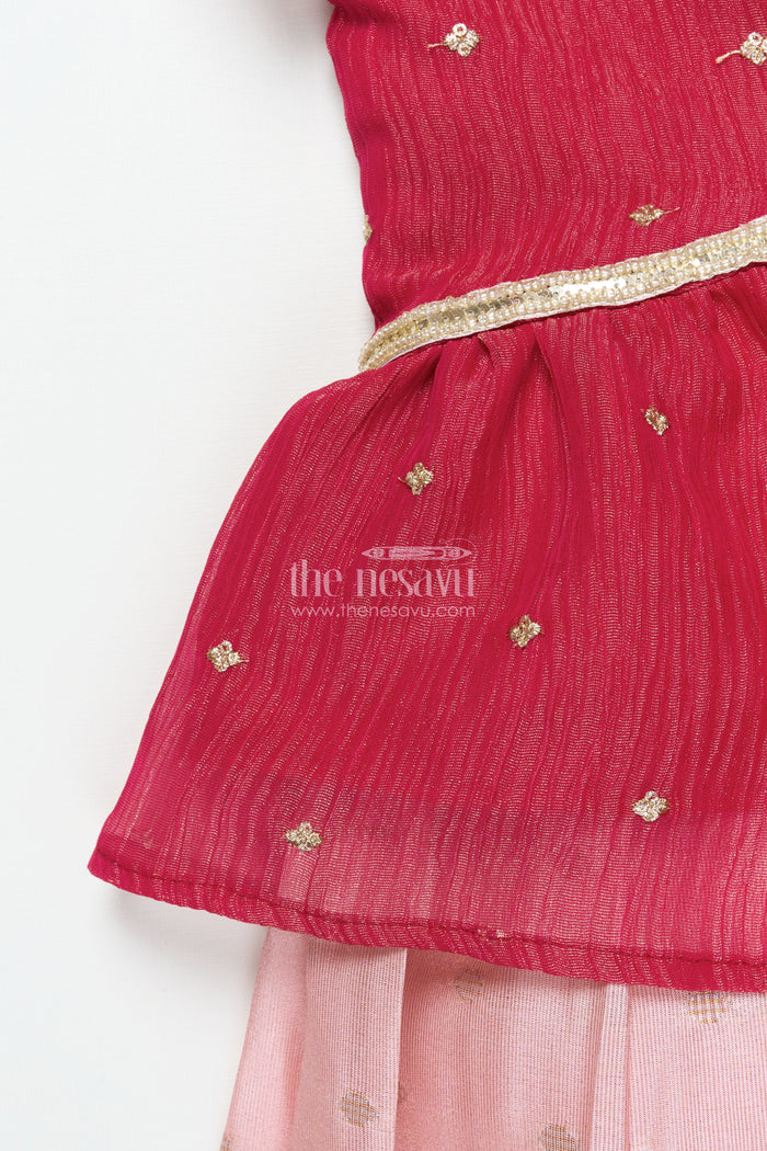 The Nesavu Pattu Pavadai Baby Girl Pink Semi Banaras Pattu Pavadai for Temple Visits and Family Events Nesavu 18 (2Y) / Pink GPP342B-18 Nesavu baby girl pattu pavadai with semi Banaras silk and tissue yoke for traditional wear