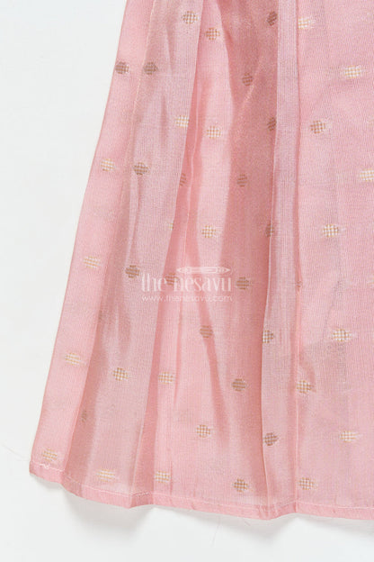 The Nesavu Pattu Pavadai Baby Girl Pink Semi Banaras Pattu Pavadai for Temple Visits and Family Events Nesavu 18 (2Y) / Pink GPP342B-18 Nesavu baby girl pattu pavadai with semi Banaras silk and tissue yoke for traditional wear