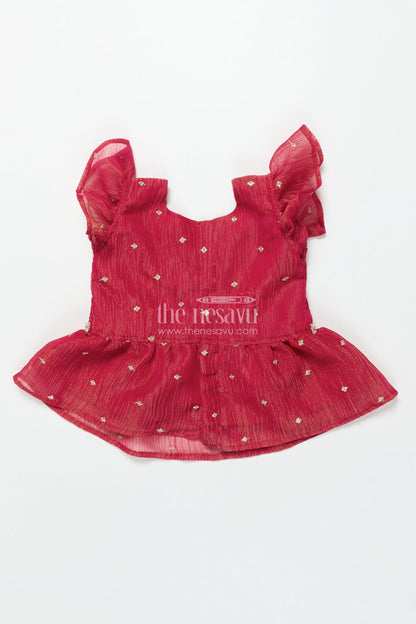The Nesavu Pattu Pavadai Baby Girl Pink Semi Banaras Pattu Pavadai for Temple Visits and Family Events Nesavu 18 (2Y) / Pink GPP342B-18 Nesavu baby girl pattu pavadai with semi Banaras silk and tissue yoke for traditional wear