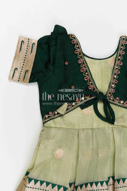 The Nesavu Silk Frock Baby Girl Silk Frock for Birthday and Festive Party Wear Nesavu Nesavu Baby Girl Silk Frock For Birthday And Festive Wear With Green Tissue Skirt And Flared Design