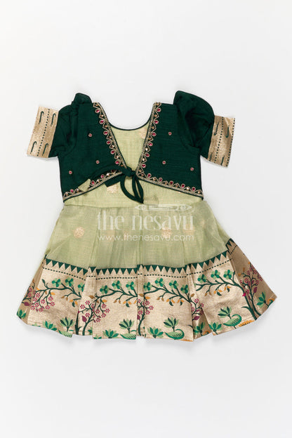 The Nesavu Silk Frock Baby Girl Silk Frock for Birthday and Festive Party Wear Nesavu Nesavu Baby Girl Silk Frock For Birthday And Festive Wear With Green Tissue Skirt And Flared Design