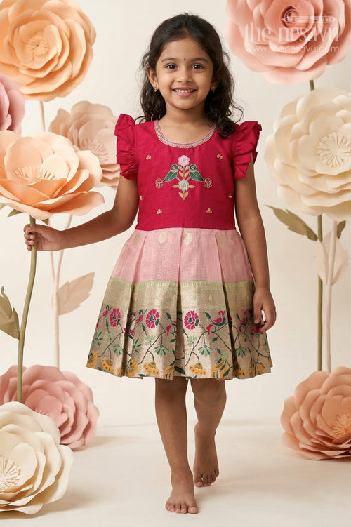 The Nesavu Silk Frock Baby Girl Silk Frock for Birthdays and Party Events Nesavu 16 (1Y) / Pink / Silk Blend SF1152A-16 Nesavu Baby Girl Silk Frock For Birthdays Pink Blend Silk With Tissue Skirt Festive Party Dress