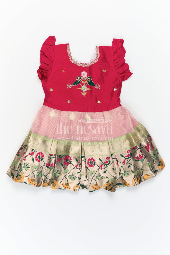 The Nesavu Silk Frock Baby Girl Silk Frock for Birthdays and Party Events Nesavu Nesavu Baby Girl Silk Frock For Birthdays Pink Blend Silk With Tissue Skirt Festive Party Dress