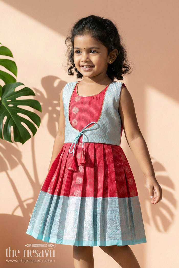 The Nesavu Girls Kanchi Silk Frock Baby Girl Silk Frock for Birthdays and Traditional Celebrations Nesavu 14 (6M) / Red / Style 1 KSF030BA-14 Nesavu baby girl silk frock with zari border and overlay for birthdays and festive events