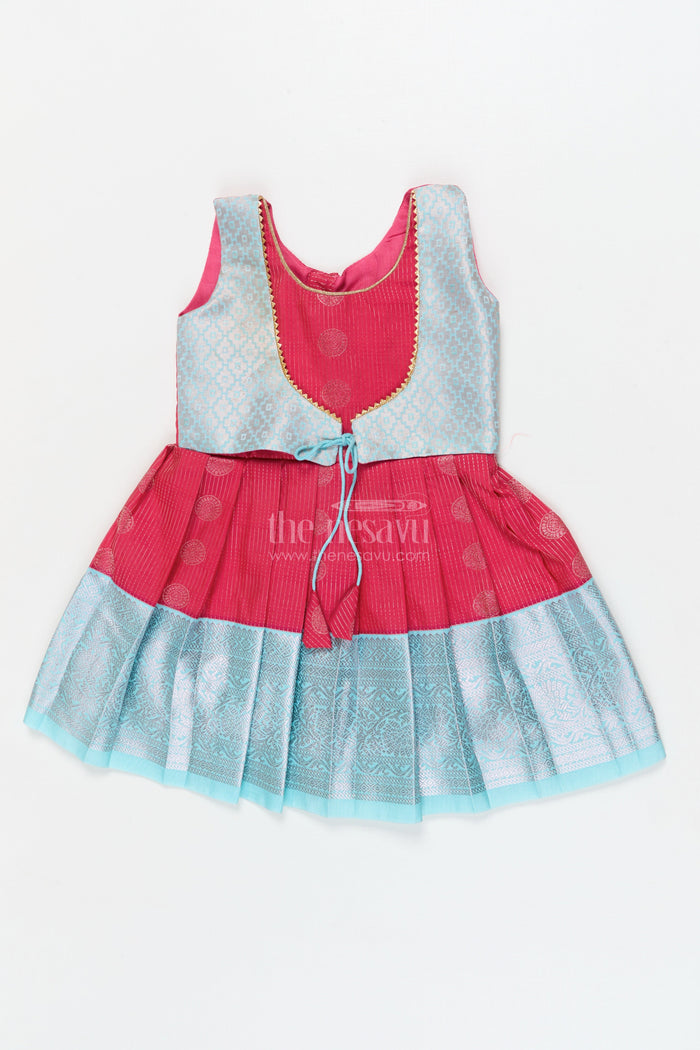 The Nesavu Girls Kanchi Silk Frock Baby Girl Silk Frock for Birthdays and Traditional Celebrations Nesavu 14 (6M) / Red / Style 1 KSF030BA-14 Nesavu baby girl silk frock with zari border and overlay for birthdays and festive events