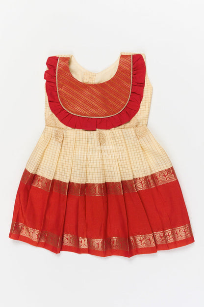 The Nesavu Girls Kanchi Silk Frock Baby Girl Silk Frock for Cultural Festivals and Traditional Temple Visits Nesavu 10 (NB) / Cream / Style 2 KSF036AB-10 Nesavu baby girl silk frock for traditional functions with pleated yoke and zari border