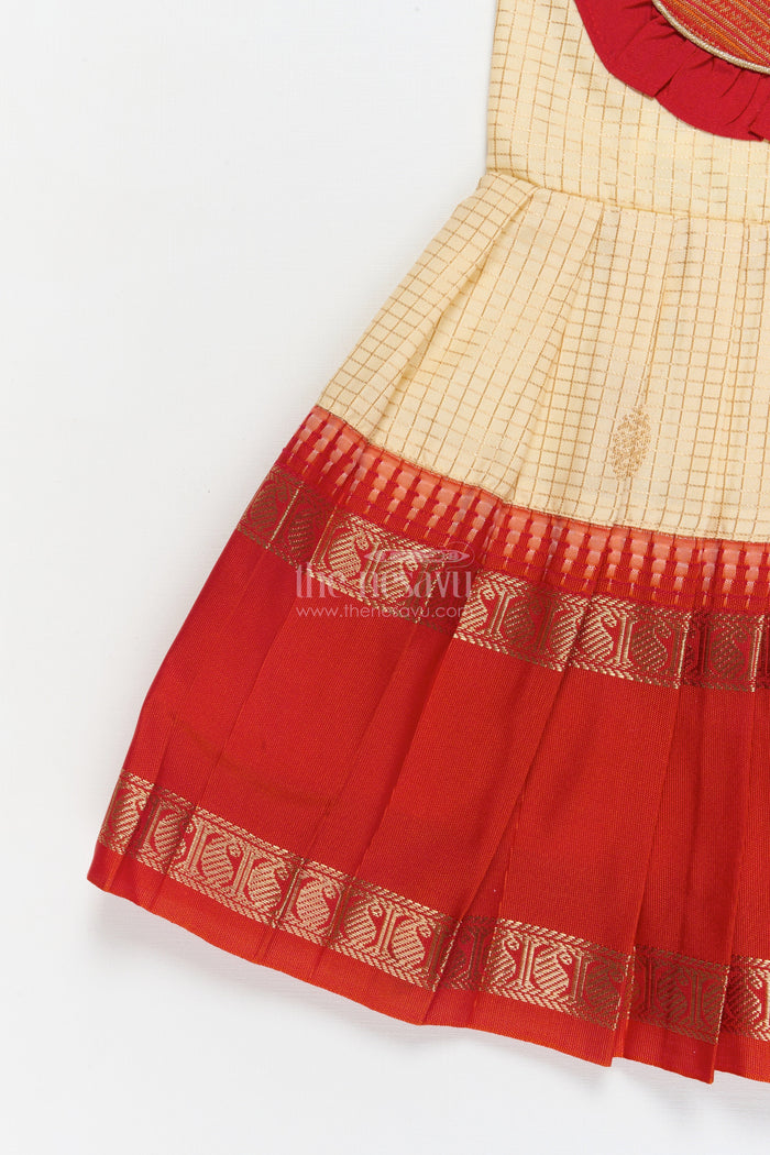The Nesavu Girls Kanchi Silk Frock Baby Girl Silk Frock for Cultural Festivals and Traditional Temple Visits Nesavu Nesavu baby girl silk frock for traditional functions with pleated yoke and zari border