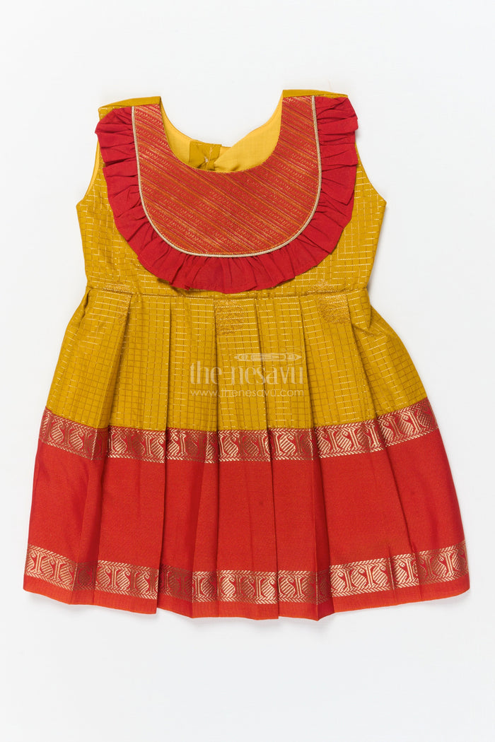 The Nesavu Girls Kanchi Silk Frock Baby Girl Silk Frock for Festive Days and Traditional Housewarming Events Nesavu 10 (NB) / Gold / Style 2 KSF036CB-10 Nesavu baby girl silk frock with traditional border and pleated yoke for festive family occasions