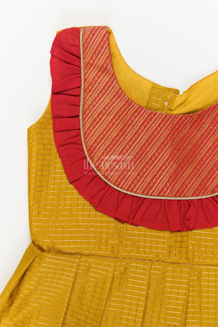 The Nesavu Girls Kanchi Silk Frock Baby Girl Silk Frock for Festive Days and Traditional Housewarming Events Nesavu Nesavu baby girl silk frock with traditional border and pleated yoke for festive family occasions