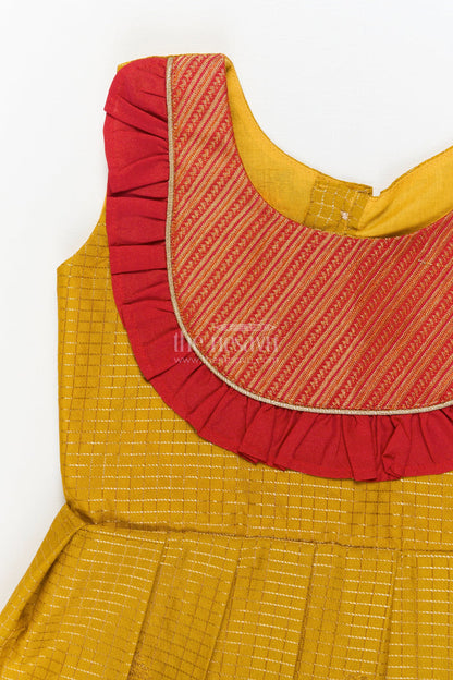 The Nesavu Girls Kanchi Silk Frock Baby Girl Silk Frock for Festive Days and Traditional Housewarming Events Nesavu Nesavu baby girl silk frock with traditional border and pleated yoke for festive family occasions