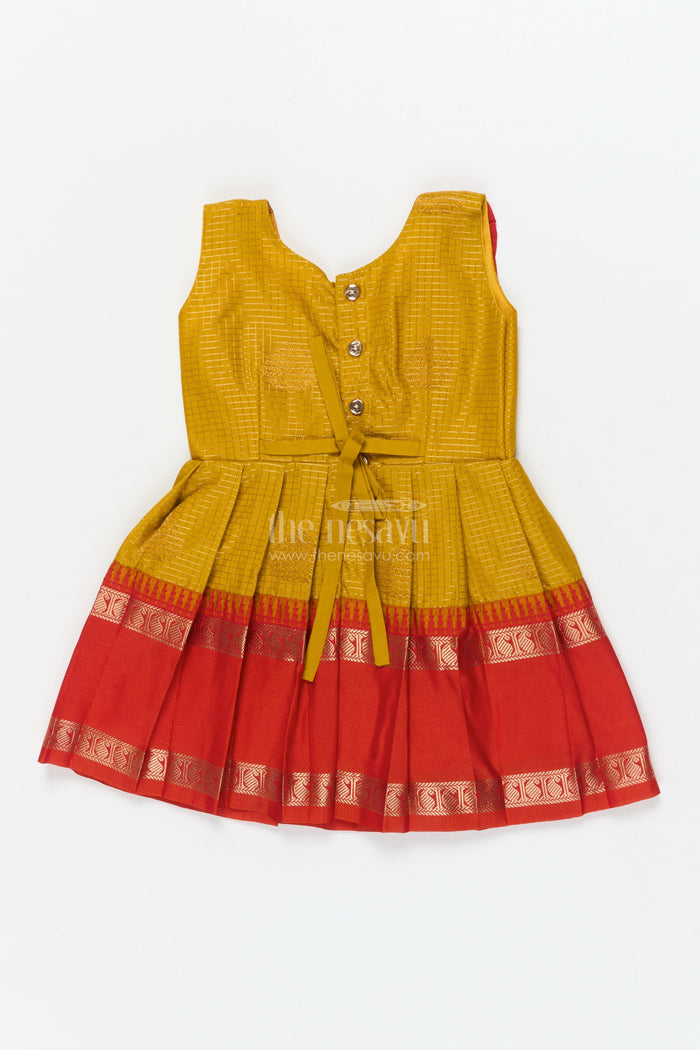The Nesavu Girls Kanchi Silk Frock Baby Girl Silk Frock for Festive Days and Traditional Housewarming Events Nesavu Nesavu baby girl silk frock with traditional border and pleated yoke for festive family occasions