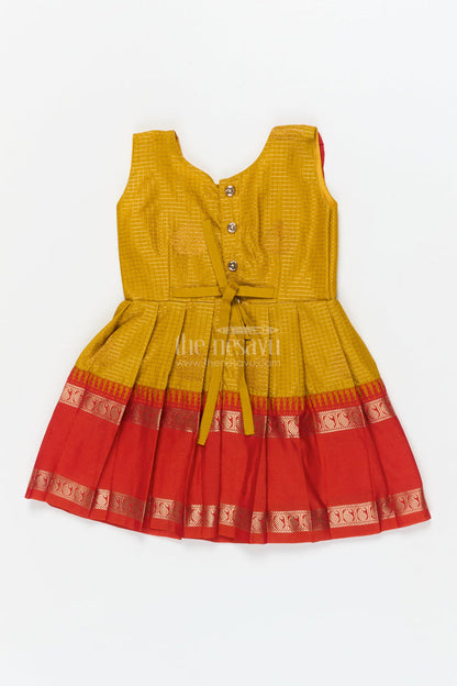 The Nesavu Girls Kanchi Silk Frock Baby Girl Silk Frock for Festive Days and Traditional Housewarming Events Nesavu Nesavu baby girl silk frock with traditional border and pleated yoke for festive family occasions