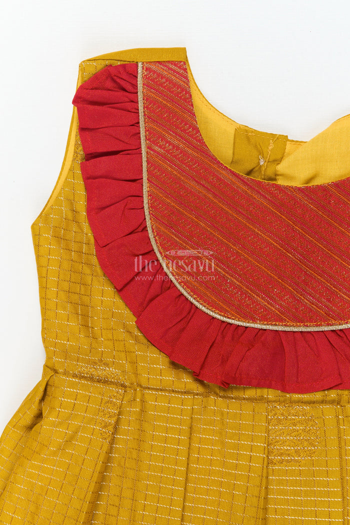 The Nesavu Girls Kanchi Silk Frock Baby Girl Silk Frock for Festive Days and Traditional Housewarming Events Nesavu Nesavu baby girl silk frock with traditional border and pleated yoke for festive family occasions