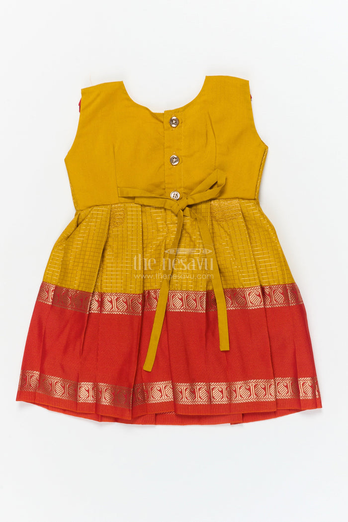 The Nesavu Girls Kanchi Silk Frock Baby Girl Silk Frock for Festive Days and Traditional Housewarming Events Nesavu Nesavu baby girl silk frock with traditional border and pleated yoke for festive family occasions