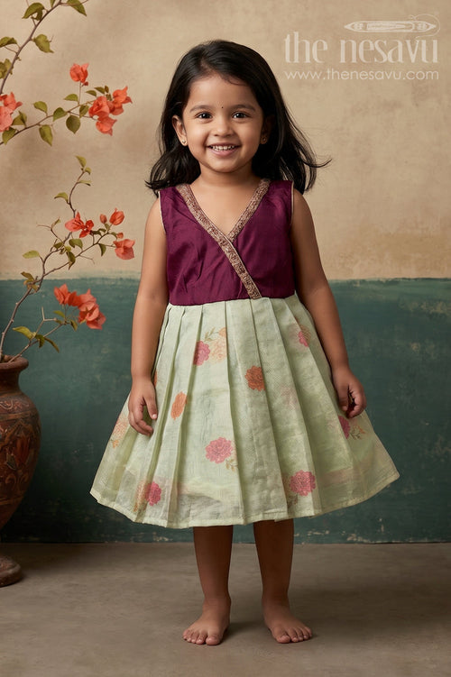 The Nesavu Silk Frock Baby Girl Silk Frock for Festive Gatherings and Family Celebrations Nesavu 18 (2Y) / Purple / Semi Banarasi SF1172A-18 Nesavu Baby Girl Silk Frock With Floral Print Skirt For Festive Celebrations And Family Events