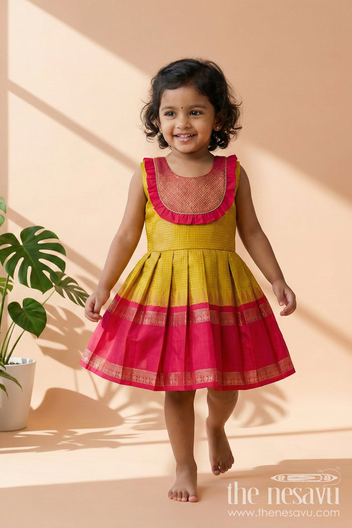 The Nesavu Girls Kanchi Silk Frock Baby Girl Silk Frock for Festive Milestones and Cultural Celebrations Nesavu 14 (6M) / Gold / Style 1 KSF036GA-14 Nesavu baby girl silk frock with traditional zari border and frilled yoke for festive milestones