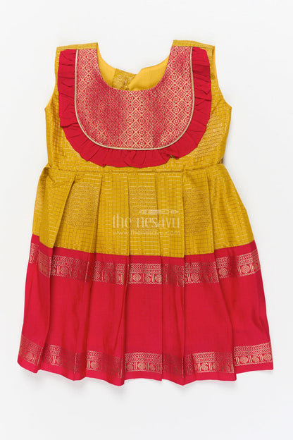 The Nesavu Girls Kanchi Silk Frock Baby Girl Silk Frock for Festive Milestones and Cultural Celebrations Nesavu 10 (NB) / Gold / Style 2 KSF036GB-10 Nesavu baby girl silk frock with traditional zari border and frilled yoke for festive milestones