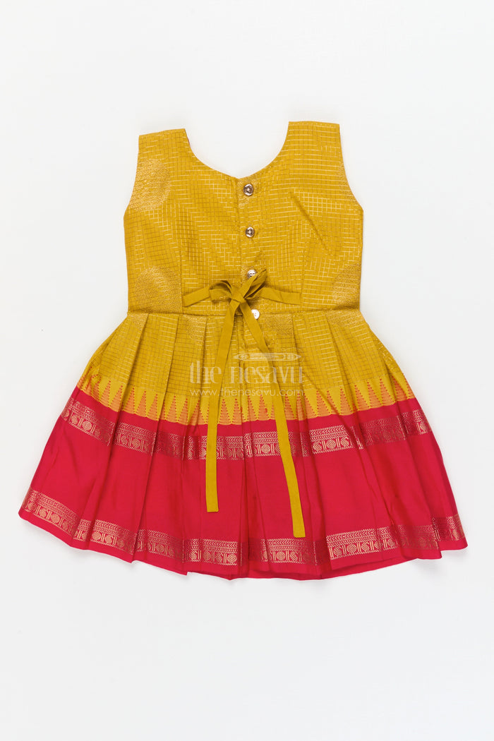 The Nesavu Girls Kanchi Silk Frock Baby Girl Silk Frock for Festive Milestones and Cultural Celebrations Nesavu Nesavu baby girl silk frock with traditional zari border and frilled yoke for festive milestones