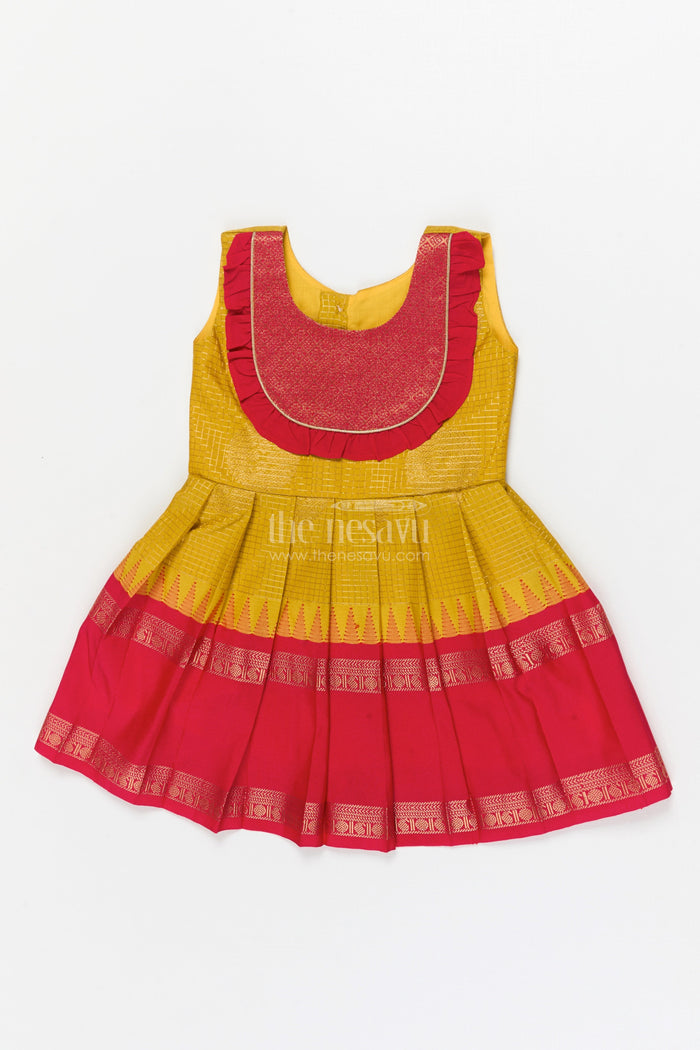 The Nesavu Girls Kanchi Silk Frock Baby Girl Silk Frock for Festive Milestones and Cultural Celebrations Nesavu Nesavu baby girl silk frock with traditional zari border and frilled yoke for festive milestones